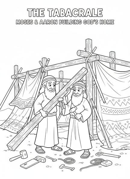 Moïse et Aaron construisant le Tabernacle, page à colorier sur le Tabernacle pour les enfants de 5 à 10 ans