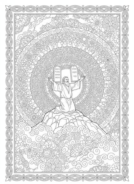 Moisés recebendo as tábuas, colorir a página do ídolo do Bezerro de Ouro, estilo de journaling bíblico para adultos