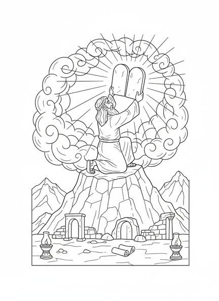 Moses mit den Steintafeln, Ausmalbild der Zehn Gebote und des goldenen Kalbes für die Sonntagsschule Kinder im Alter von 5-12 Jahren.