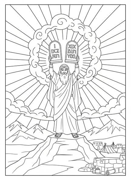 Moses mit den Steintafeln, Ausmalbild der Zehn Gebote für Kinder im Religionsunterricht im Alter von 5-12 Jahren.