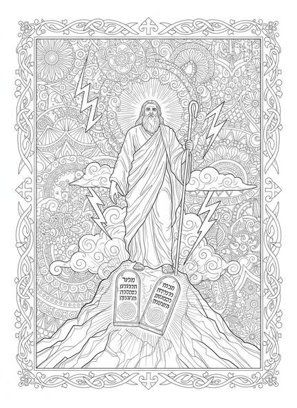 Moïse sur le mont Sinaï, page à colorier des Dix Commandements avec des éclairs pour le style de journal biblique.