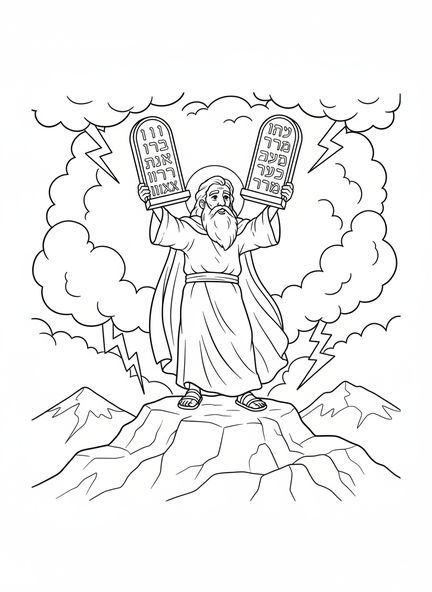 Moïse tenant deux tables de pierre, les Dix Commandements sur le Mont Sinaï, page à colorier pour les enfants de 5 à 10 ans