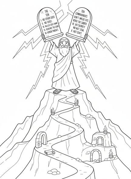 Moses mit den Tafeln, Zehn Gebote Mt. Sinai Donner Malvorlage für Sonntagsschulkinder im Alter von 5-12 Jahren.