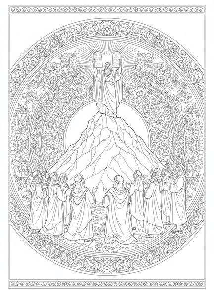 Foule d'Israélites, page à colorier des Dix Commandements, personnes recevant la Loi, style Bible journaling pour adultes.
