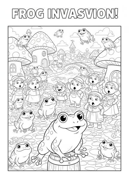 Cartoonfrösche hüpfen in einem Dorf, Ausmalbild der Zehn Plagen: Frösche für Kinder im Alter von 5-10 Jahren