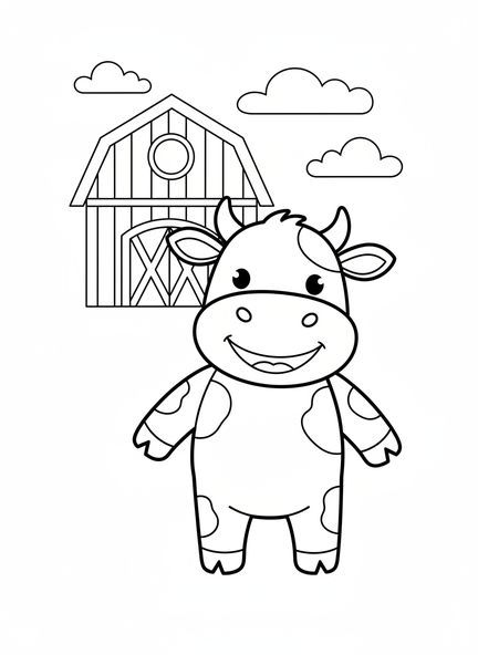 Vaca de dibujos animados con granero, página para colorear de las Diez Plagas para niños de 3 a 5 años.