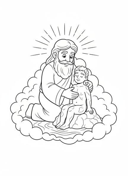 Dios moldeando a Adán de barro, página para colorear La Creación de Adán para niños de 5 a 10 años.