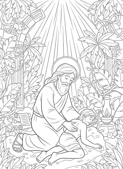 Dios formando a Adán, página para colorear de la Creación de Adán para niños de la Escuela Dominical de 5 a 12 años.