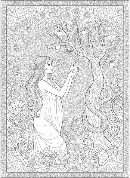 Eva junto al Árbol del Conocimiento, página para colorear sobre La Caída del Hombre en estilo de journaling bíblico para adultos.