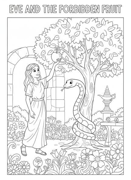 Eva alcanzando una fruta, página para colorear sobre La Caída del Hombre para niños de Escuela Dominical de 5 a 12 años.