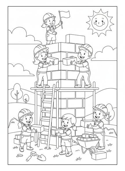 Groupe de bâtisseurs, page à colorier de la Tour de Babel pour les enfants de 5 à 10 ans