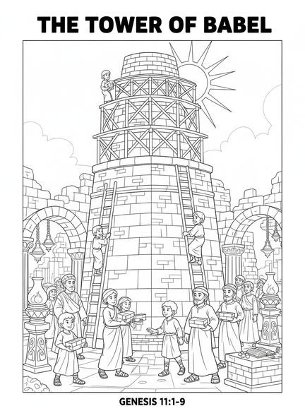 Grupo de construtores, página para colorir da Torre de Babel para crianças da Escola Dominical de 5 a 12 anos.