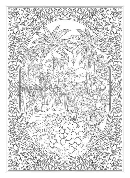 Douze espions explorant Canaan, page à colorier Douze Espions pour le journal biblique des adultes.