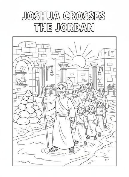 Josué guiando a los israelitas, página para colorear de las Doce Piedras del Jordán para niños de la Escuela Dominical de 5 a 12 años.