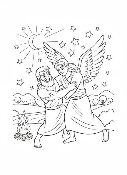 Jakob ringt mit einem Engel, Ausmalbild der zwölf Stämme Israels für Kinder im Alter von 5-10 Jahren