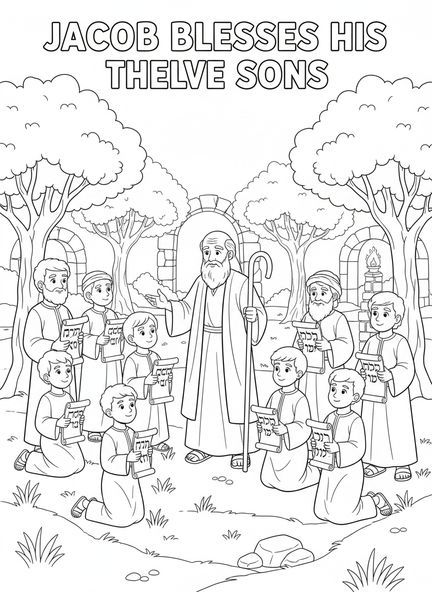 Jakob mit seinen Kindern, Malvorlage der Zwölf Stämme für Sonntagsschulkinder im Alter von 5-12 Jahren.