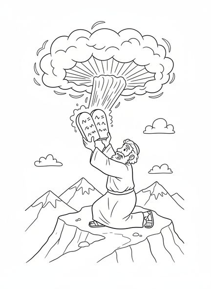 Moses mit den Steintafeln, Ausmalbild der zwei Steintafeln für Kinder im Alter von 5-10 Jahren.