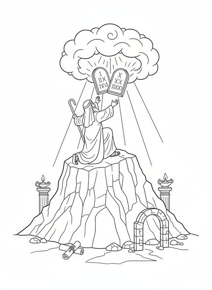 Moses empfängt die Steintafeln, Ausmalbild der zwei Steintafeln für die Sonntagsschule für Kinder im Alter von 5-12 Jahren.
