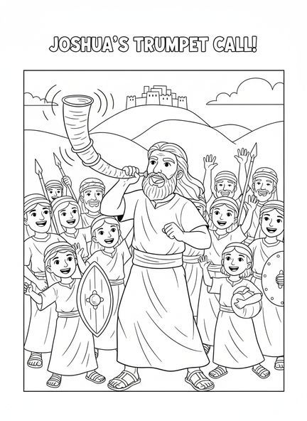 Josué tocando la trompeta, página para colorear de las Murallas de Jericó cayendo para niños de 5 a 10 años.