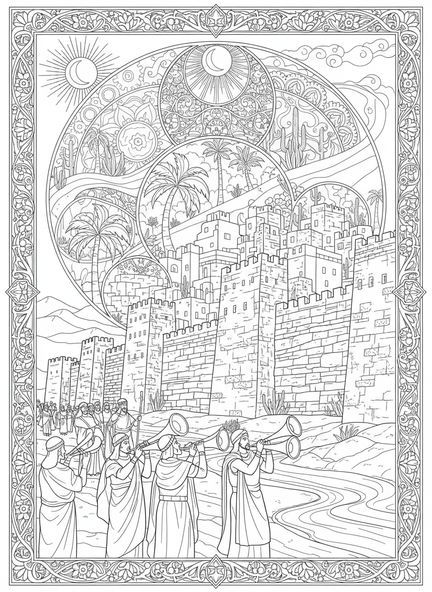 Groupe d'Israélites, page à colorier des Murs de Jéricho pour le style de journal biblique pour adultes.