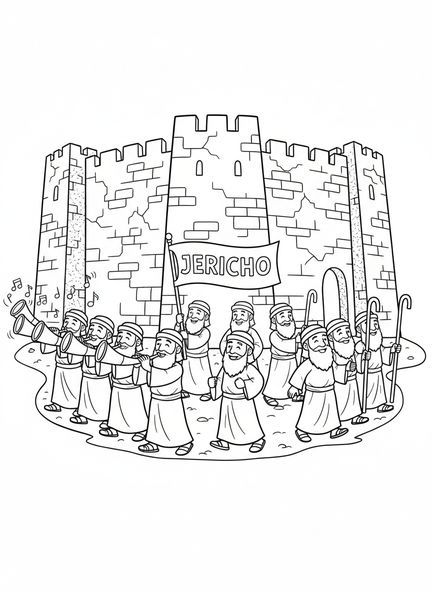 Dessins animés d'Israélites marchant, page à colorier des Murs de Jéricho pour les enfants de 5 à 10 ans