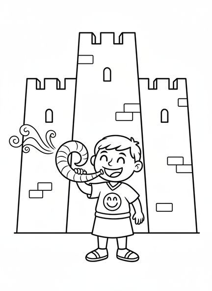 Josué soufflant dans une trompette, page à colorier des murs de Jéricho pour les enfants d'âge préscolaire de 3 à 5 ans