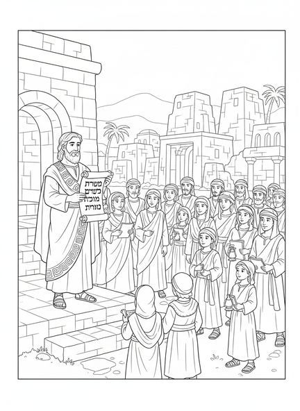 Josué parlant, page à colorier des Murs de Jéricho pour les enfants de l'École du dimanche âgés de 5 à 12 ans