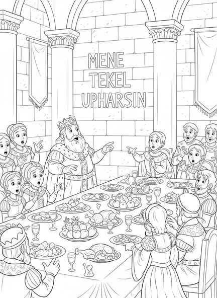 Page à colorier du roi Balthazar, Écriture sur le Mur pour les enfants de 5 à 10 ans.