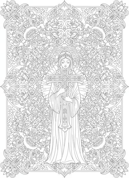 Croix ornée tenue par une figure, page à colorier Bible avec Croix pour adultes dans un style de journalisation biblique.