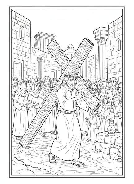 Jésus portant une croix, page à colorier Bible avec croix pour les enfants de l'École du dimanche âgés de 5 à 12 ans