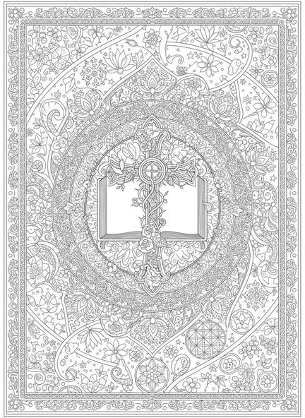Page à colorier Bible ouverte avec Croix pour adultes dans un style de journalisation biblique