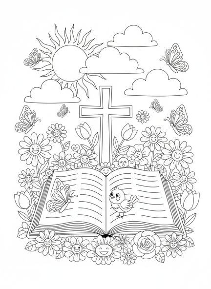 Page à colorier Bible ouverte avec croix pour enfants de 5 à 10 ans
