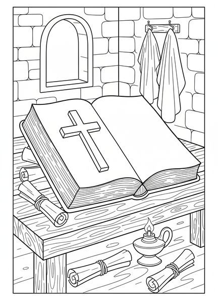 Bible ouverte avec une croix, page à colorier Bible ouverte avec croix pour les enfants de l'École du dimanche âgés de 5 à 12 ans.