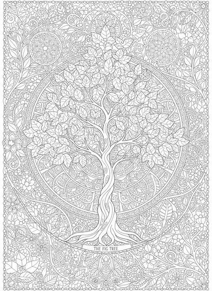 Figuier avec un feuillage luxuriant, page à colorier de la parabole du figuier pour le journal biblique des adultes