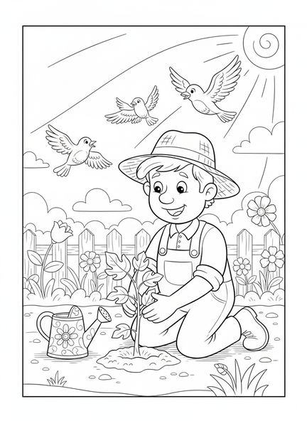Agriculteur plantant un figuier, page à colorier de la parabole du figuier pour les enfants de 5 à 10 ans