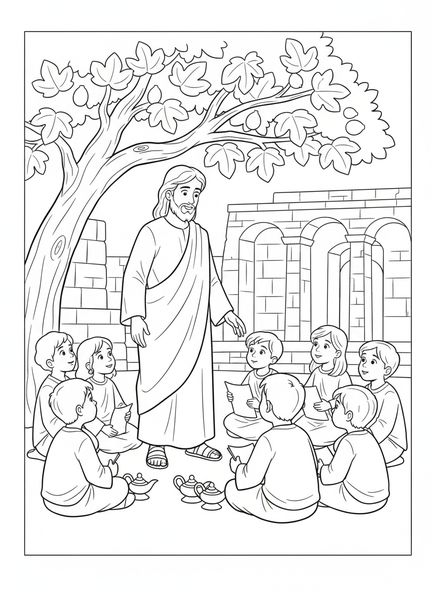 Jesus ensinando ao lado de uma figueira, página de colorir da Parábola da Figueira para crianças da Escola Dominical de 5 a 12 anos.