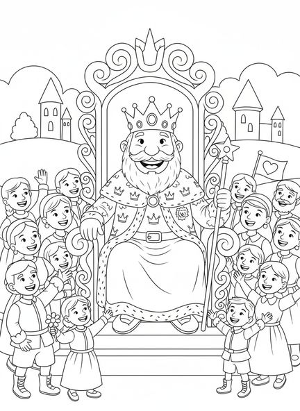 Guter König auf dem Thron, Ausmalbild für Kinder im Alter von 5-10 Jahren.