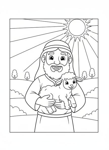 Pastor cargando un corderito, página para colorear del Buen Pastor cargando un corderito para niños de 5 a 10 años.