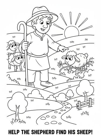 Pastor amigable, Buen Pastor buscando la oveja perdida página para colorear para niños de 5 a 10 años.