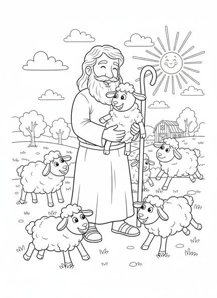 Bon berger tenant un mouton, page à colorier du Bon Berger pour les enfants de 5 à 10 ans