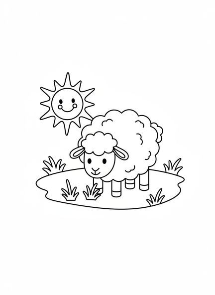 Flauschiges Cartoon-Schaf auf der Wiese, Ausmalbild vom Guten Hirten für Vorschulkinder im Alter von 3-5 Jahren