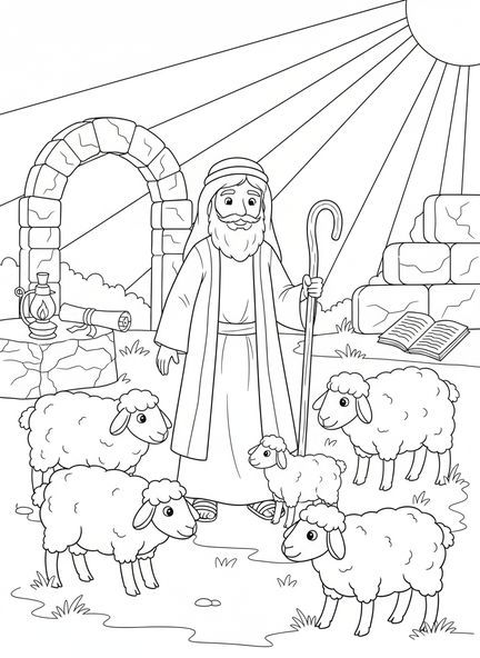 Berger avec une houlette, page à colorier du Bon Berger pour les enfants de l'École du dimanche âgés de 5 à 12 ans.