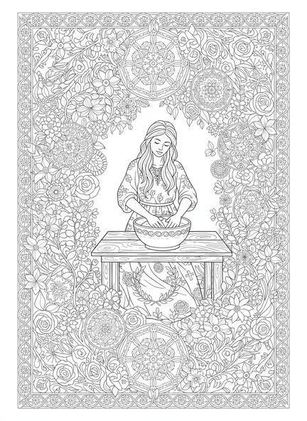 Mujer amasando masa, página para colorear Levadura en la Harina estilo de journaling bíblico para adultos.