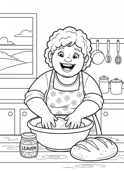 Mujer alegre amasando masa, página para colorear Levadura en Harina para niños de 5 a 10 años