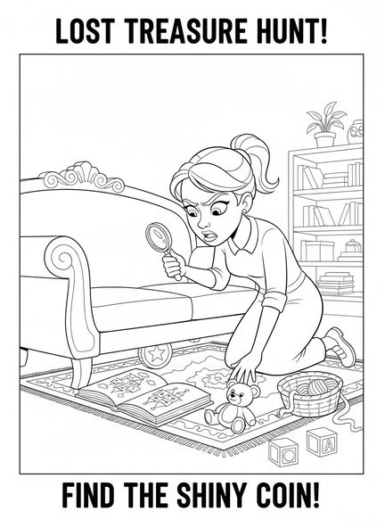 Frau sucht im Haus, Ausmalbild von der verlorenen Münze für Kinder im Alter von 5-10 Jahren.