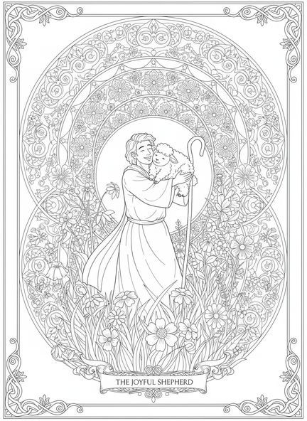 Pasteur avec une brebis égarée, page à colorier de la brebis perdue pour le journal biblique des adultes.