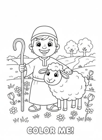 Berger joyeux avec des moutons, page à colorier de la brebis égarée pour les enfants de 5 à 10 ans