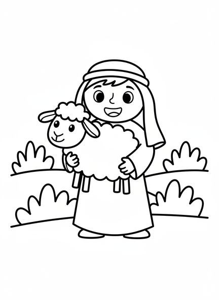 Berger tenant un mouton, page à colorier de la brebis égarée pour les enfants d'âge préscolaire de 3 à 5 ans