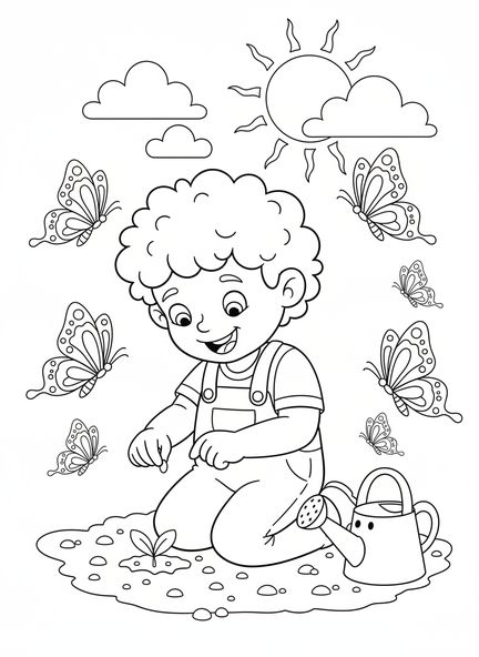 Niño alegre plantando, página para colorear del crecimiento del árbol de mostaza para niños de 5 a 10 años
