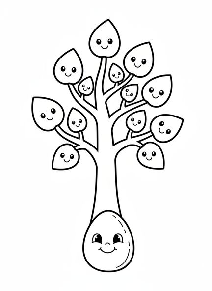 Árbol de mostaza sonriente, página para colorear del crecimiento del árbol de mostaza para niños de 3 a 5 años
